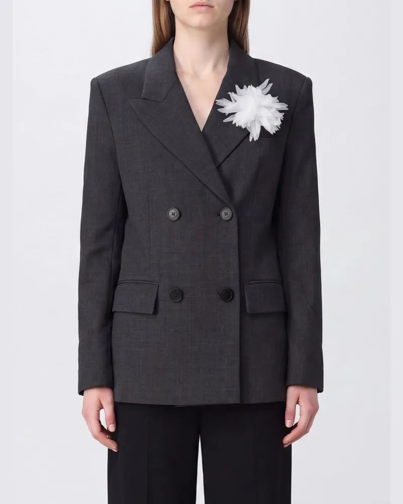 Self-Portrait Zweireihiger Cropped-Blazer aus Wollmischung mit Blume Grau