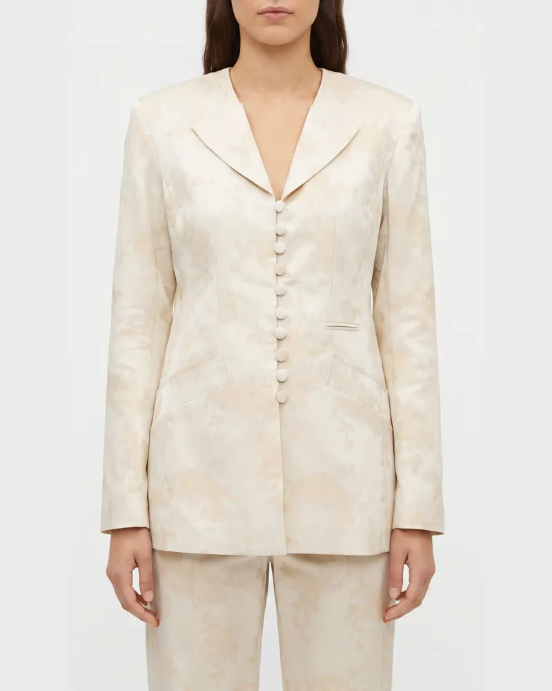 Ganni Kurzer Blazer aus Baumwollmischung mit Blumenmuster und Slim Fit Ivory