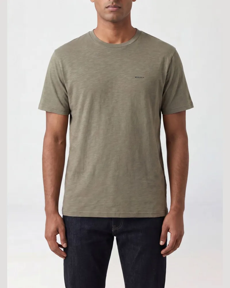 Woolrich Baumwoll-T-Shirt mit Rundhalsausschnitt und Kontrast-Logodruck von Olive
