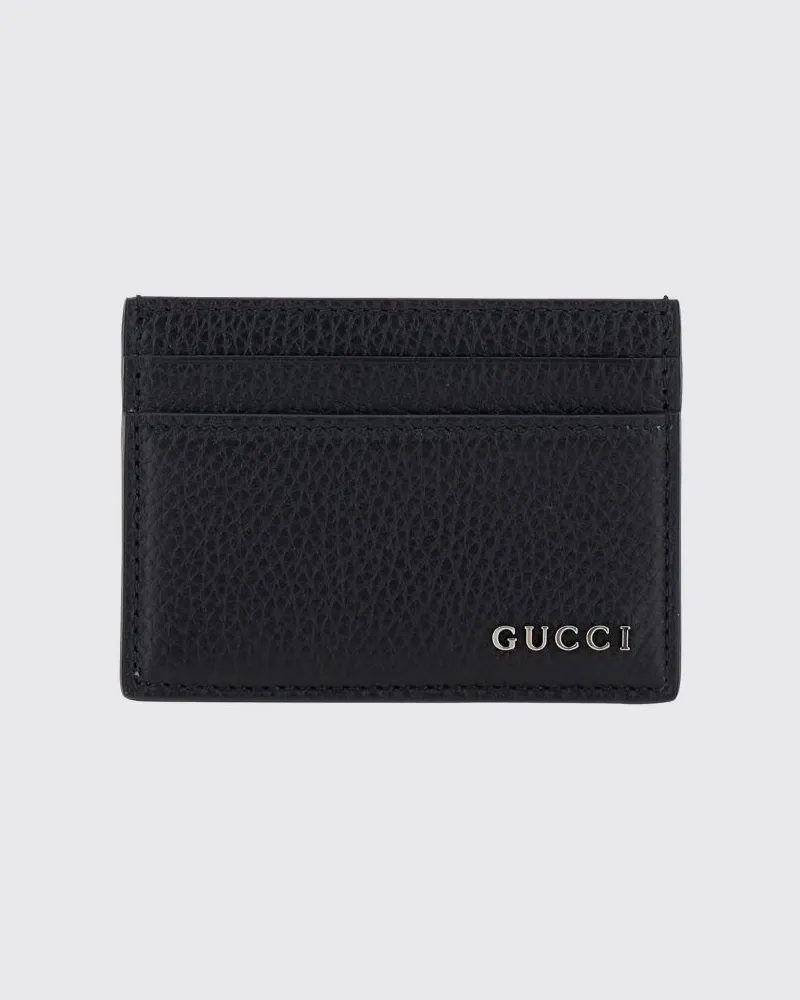 Gucci Flacher Kartenhalter aus gehämmertem Kalbsleder mit Metalllogo Schwarz