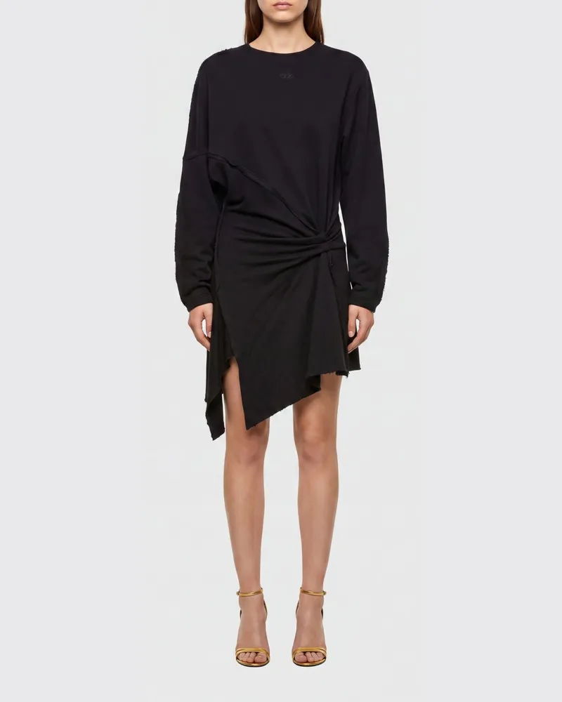 Diesel Asymmetrisches Minikleid von aus Baumwollmischung mit drapierter Taille und Oval-D-Logo Schwarz