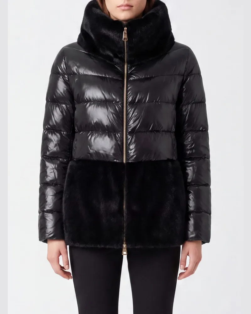 Herno Kurze Ultraleicht-Nylon-Daunenjacke mit Kunstpelzdetails Schwarz
