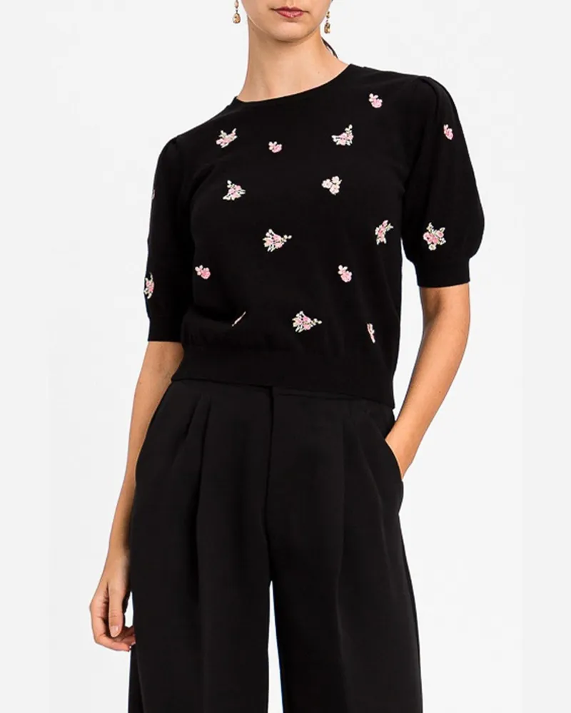 Twin-Set Pullover aus Viskosemischung mit Puffärmeln und Kristallverzierung Schwarz