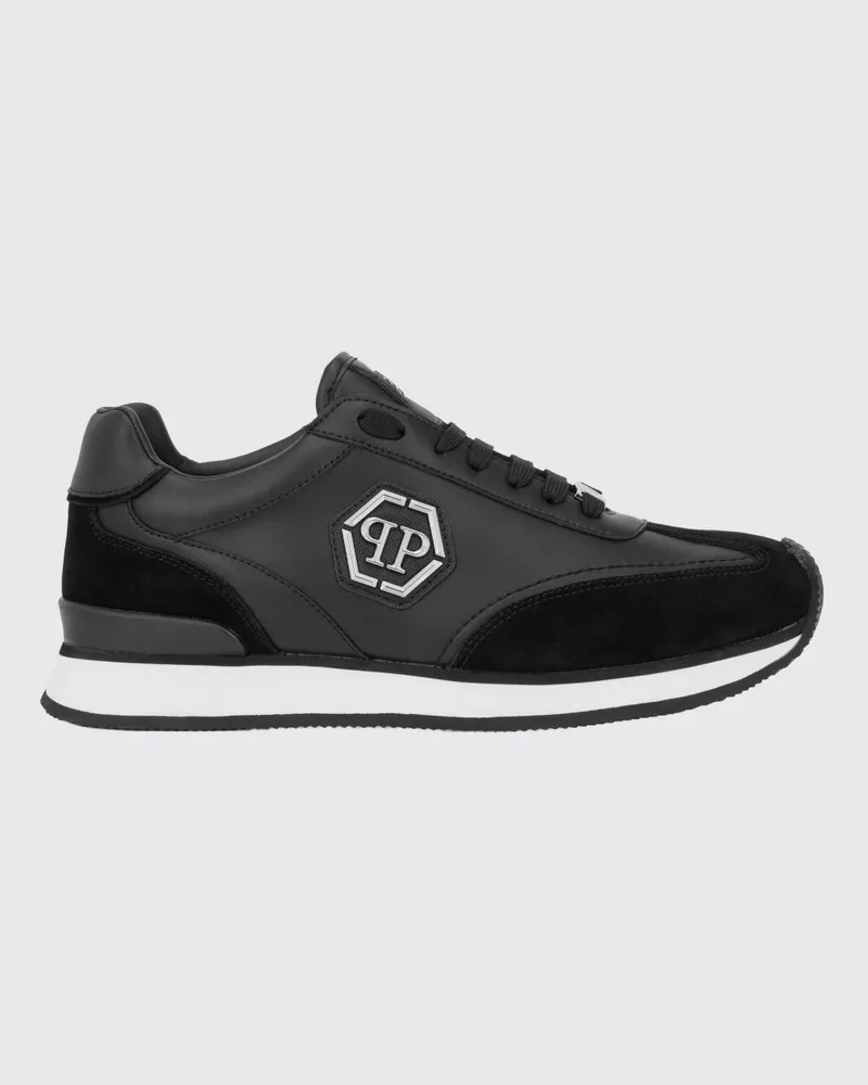 Philipp Plein Low-Top-Sneakers aus Leder und Veloursleder mit Hexagon-Logo und Monogramm Schwarz