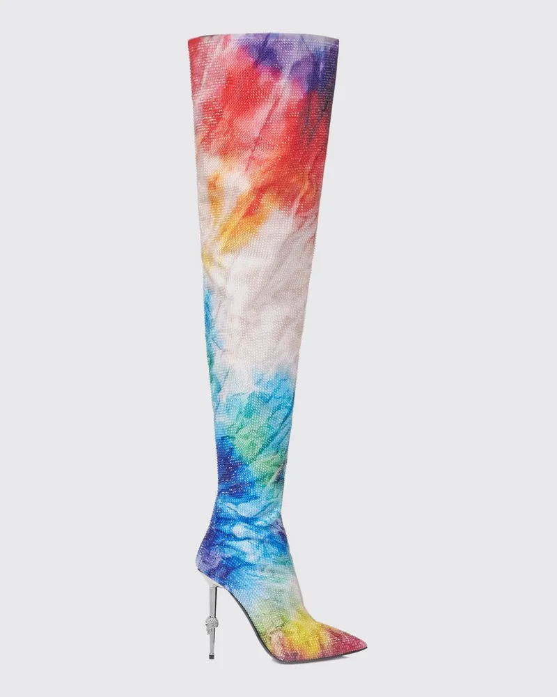 Philipp Plein Cuissardes-Stiefel im Tie-Dye-Muster mit Kristall-Skull-Applikation Bunt