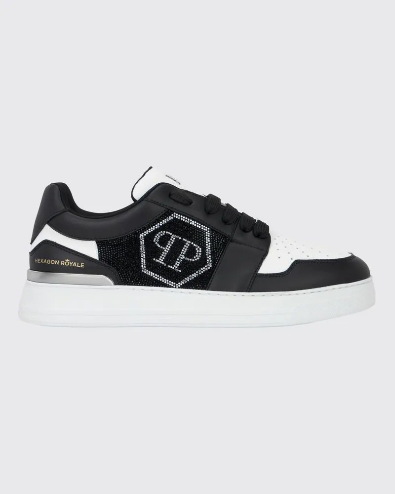 Philipp Plein Hexagon Royale Leder-Sneakers mit Strass-Hexagon-Logo Weiß