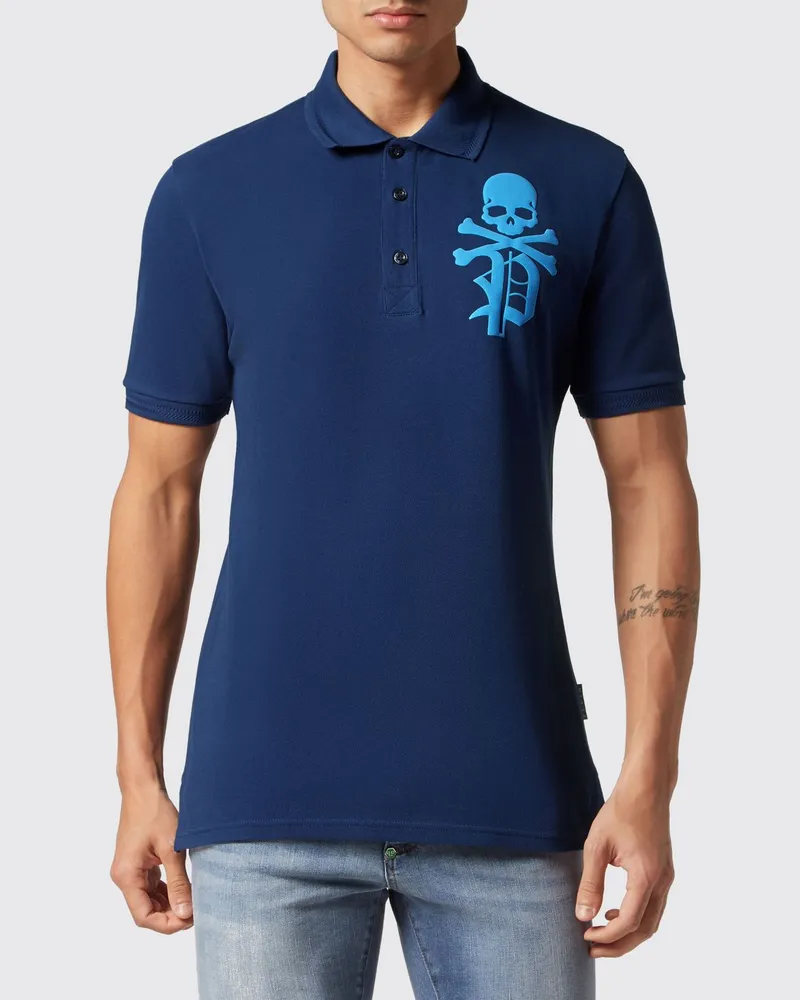 Philipp Plein Kurzärmeliges Baumwoll-Poloshirt mit Totenkopf-Print und Logo Blau