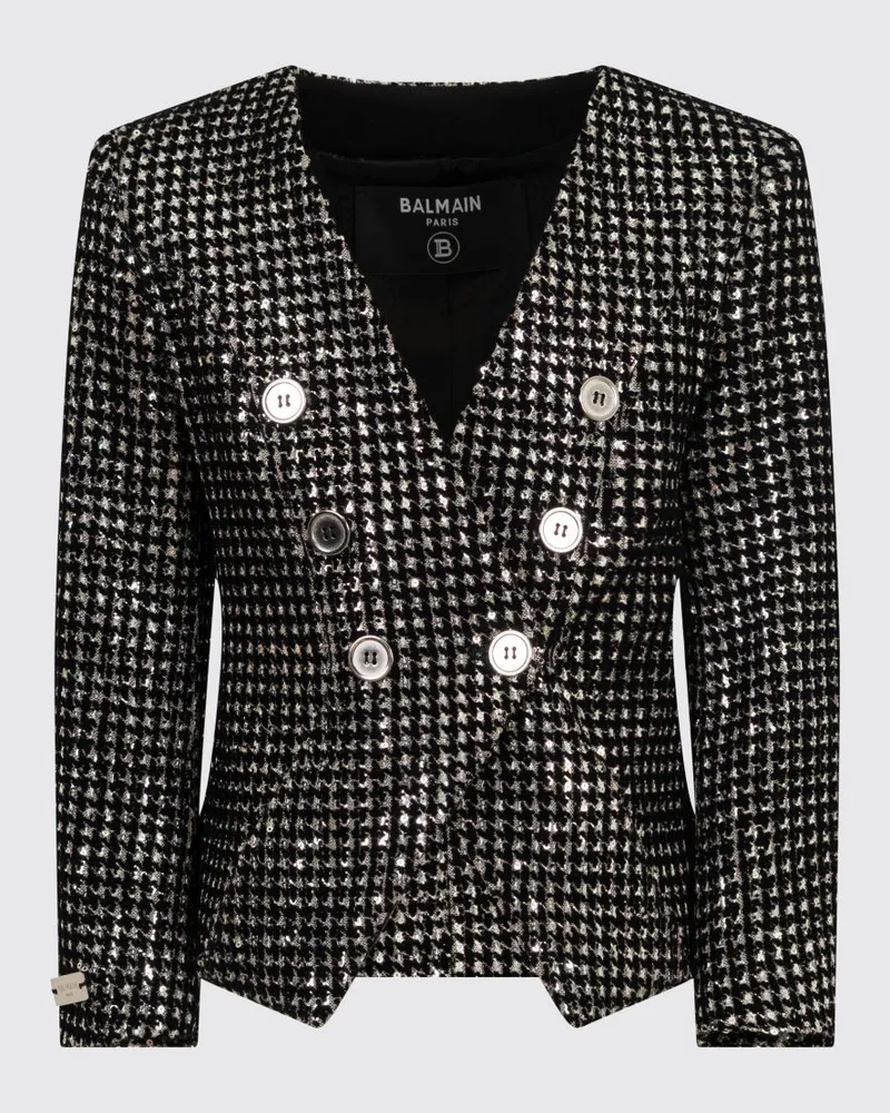 Balmain Kurzer Zweireiher-Blazer von für Mädchen mit Pailletten und Hahnentrittmuster Schwarz