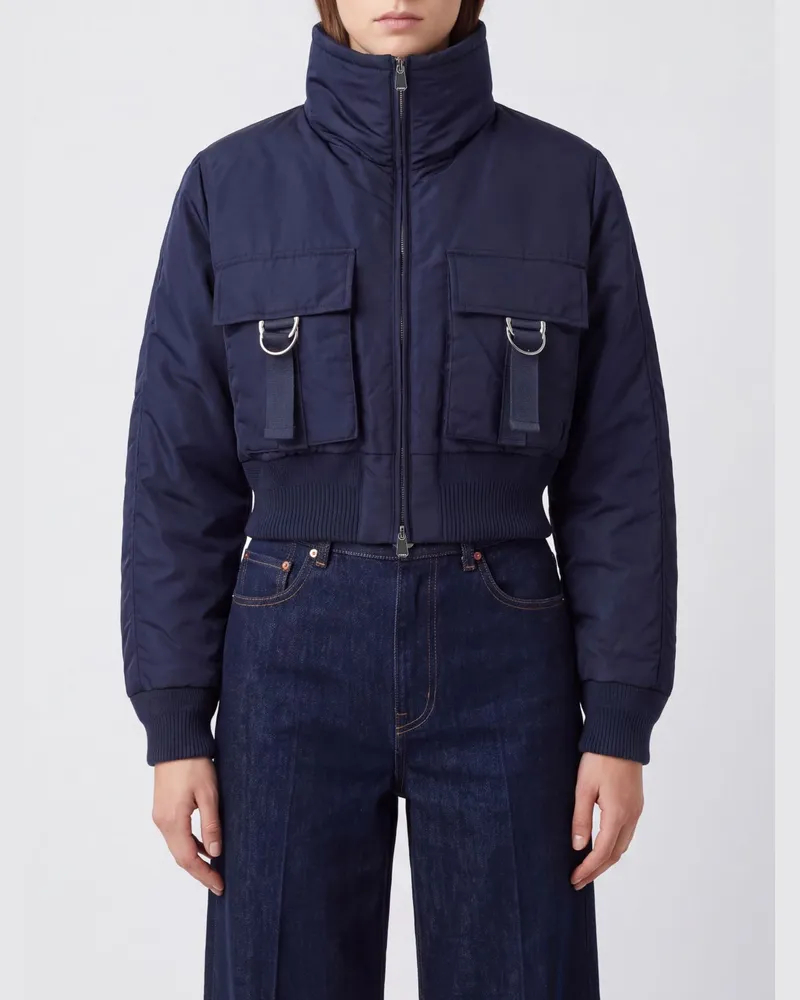 Pinko Nylon-Bomberjacke mit Stehkragen, Taillengürtel und Love Birds-Logo Blau