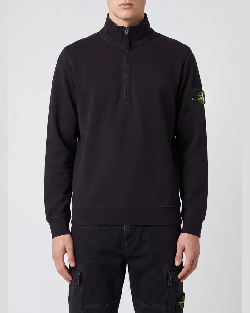 Stone Island Baumwoll-Rollkragenpullover mit halbem Reißverschluss und Compass-Logo-Patch Schwarz
