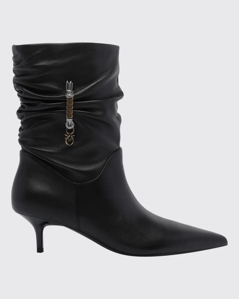 Pinko Geraffte Lederstiefeletten Gloria mit Stilettoabsatz und Love Birds-Logo Schwarz