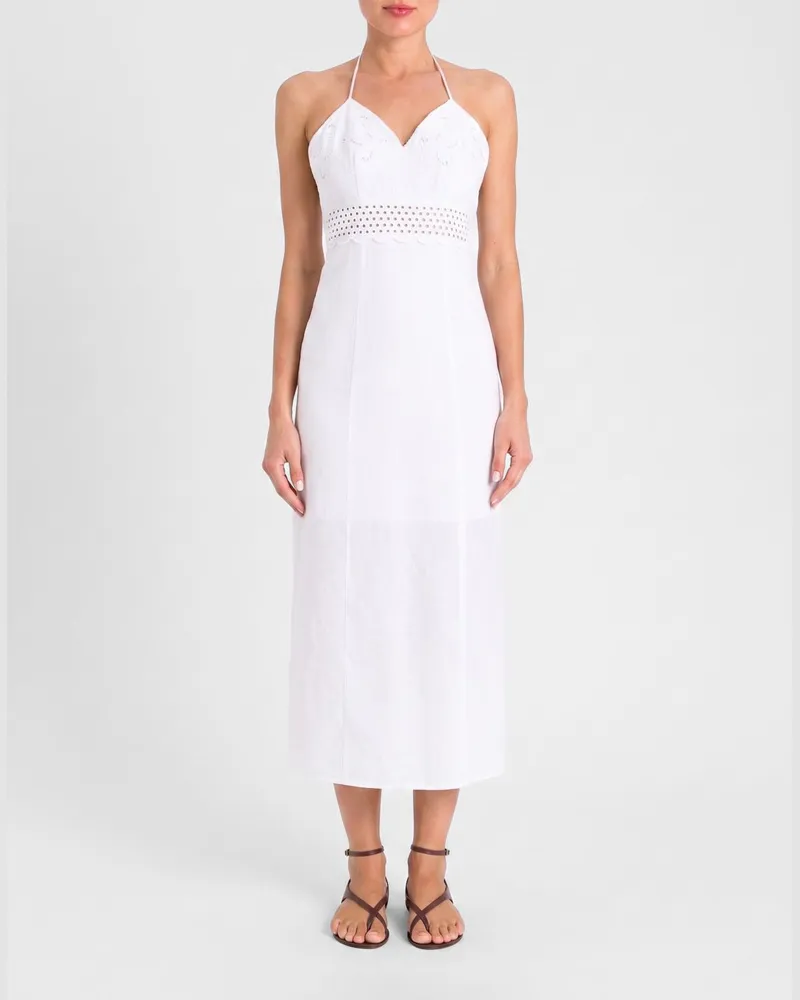Twin-Set Midikleid aus Leinen und Lochstickerei mit Neckholder Weiß