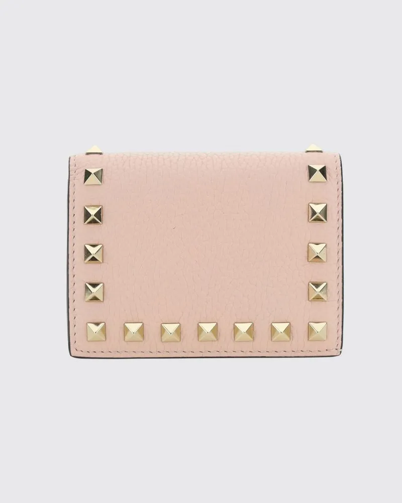 Valentino Garavani Kleines Bifold-Portemonnaie Rockstud aus genarbtem Kalbsleder mit Nieten Pink