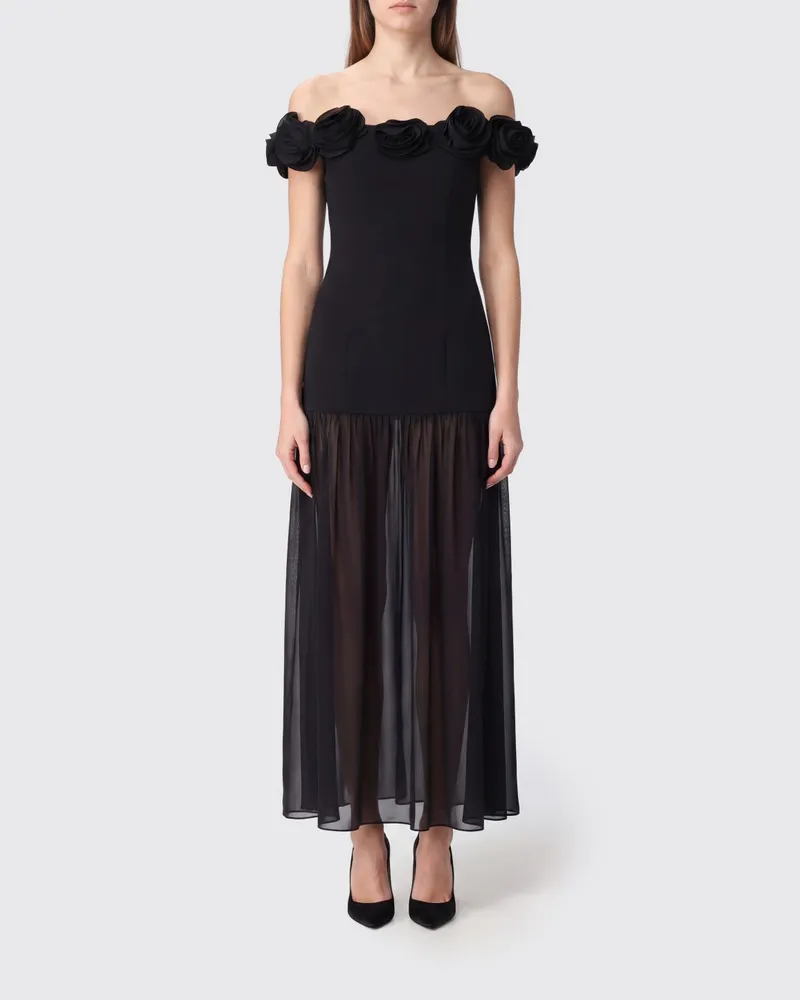 ROTATE Birger Christensen trägerloses Midi-Abendkleid aus Crêpe mit Blumenapplikation Schwarz