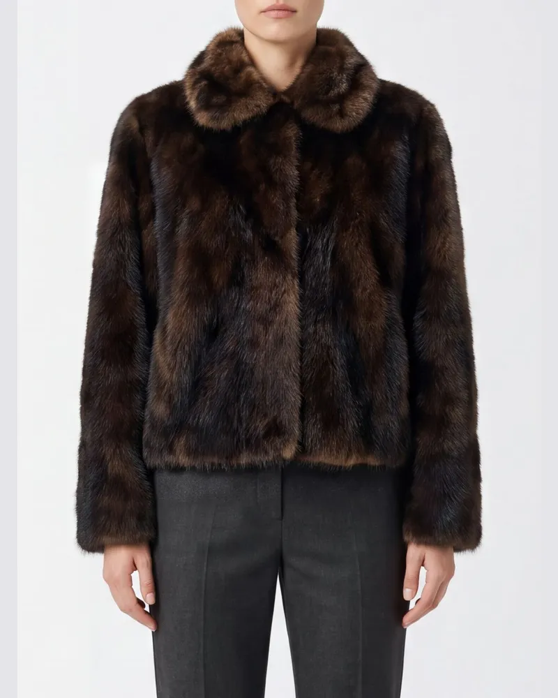 Brunello Cucinelli Kurze Shearling-Jacke mit Pelzkragen und verdecktem Verschluss Braun