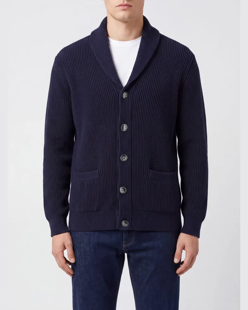 Brunello Cucinelli Herren-Cardigan aus Baumwolle mit Schalkragen und Knöpfen Blau