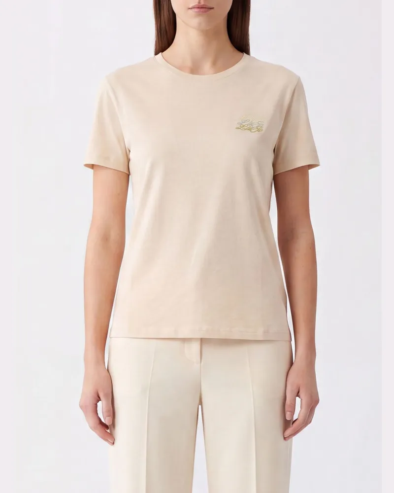 Liu Jo Kurzärmeliges Baumwoll-T-Shirt mit gesticktem Logo vorne Weiß