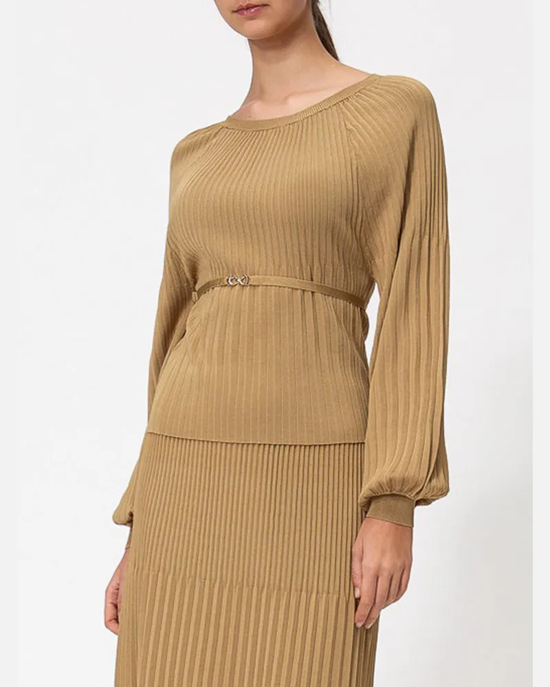 Twin-Set Plissierter Pullover mit Rundhalsausschnitt und Gürtel aus Viskosemischung Natural