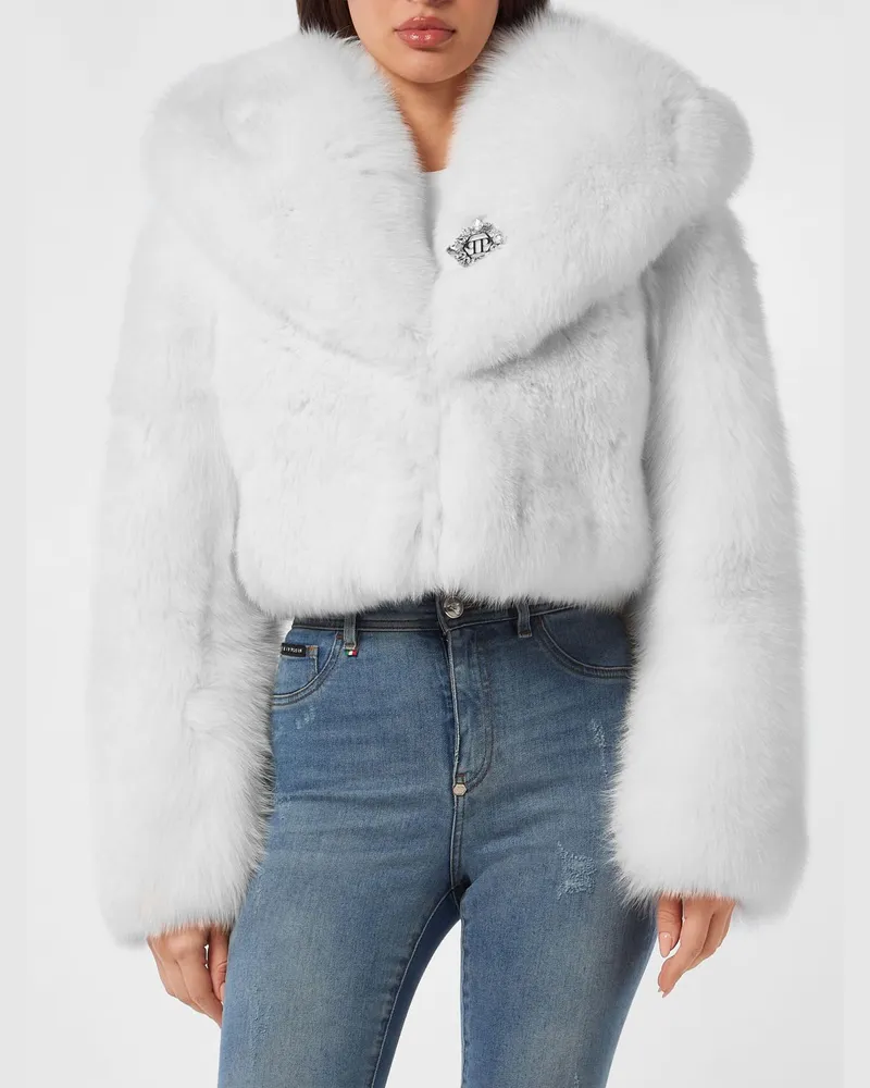 Philipp Plein Gecroppte Fuchspelzjacke von mit Kristallen Weiß