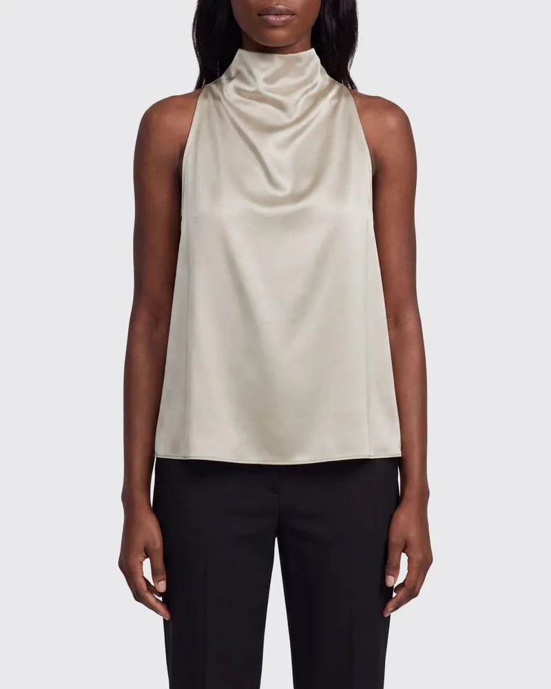 forte_forte Ärmellose, drapierte Satinbluse mit Rollkragen von Beige