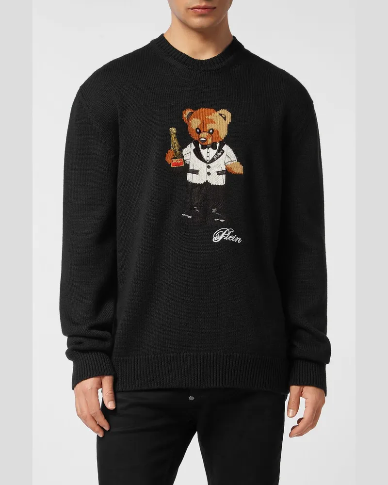 Philipp Plein Rundhalspullover aus Baumwollmischung mit Teddy-Print von Schwarz