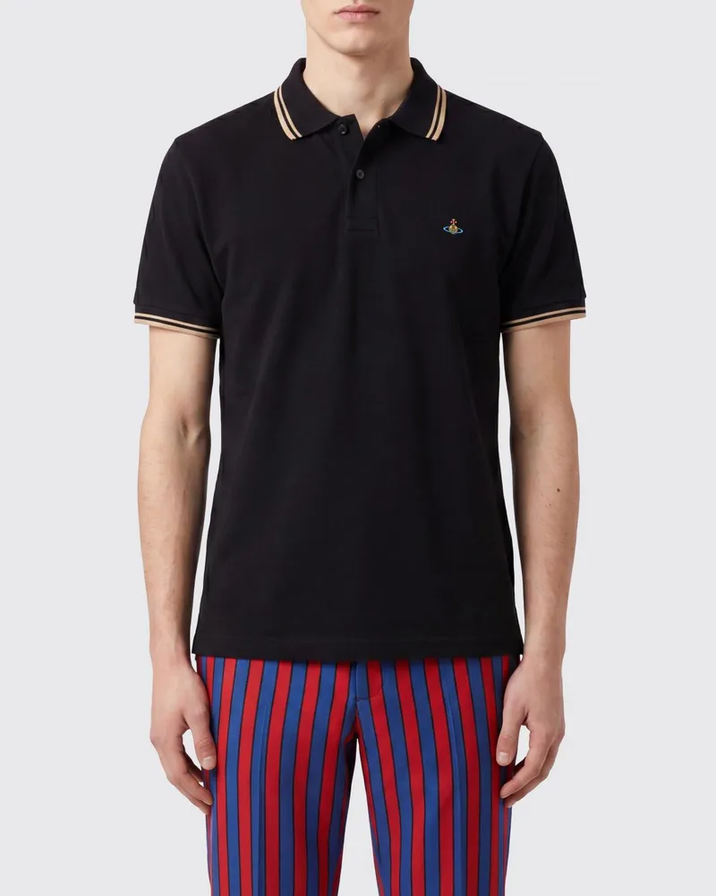 Vivienne Westwood Baumwoll-Polohemd mit Orb-Logo und Kontraststreifen Schwarz