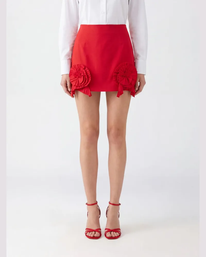 Blumarine Hoch taillierter Crêpe-Bleistift-Minirock mit Blumenapplikation Rot