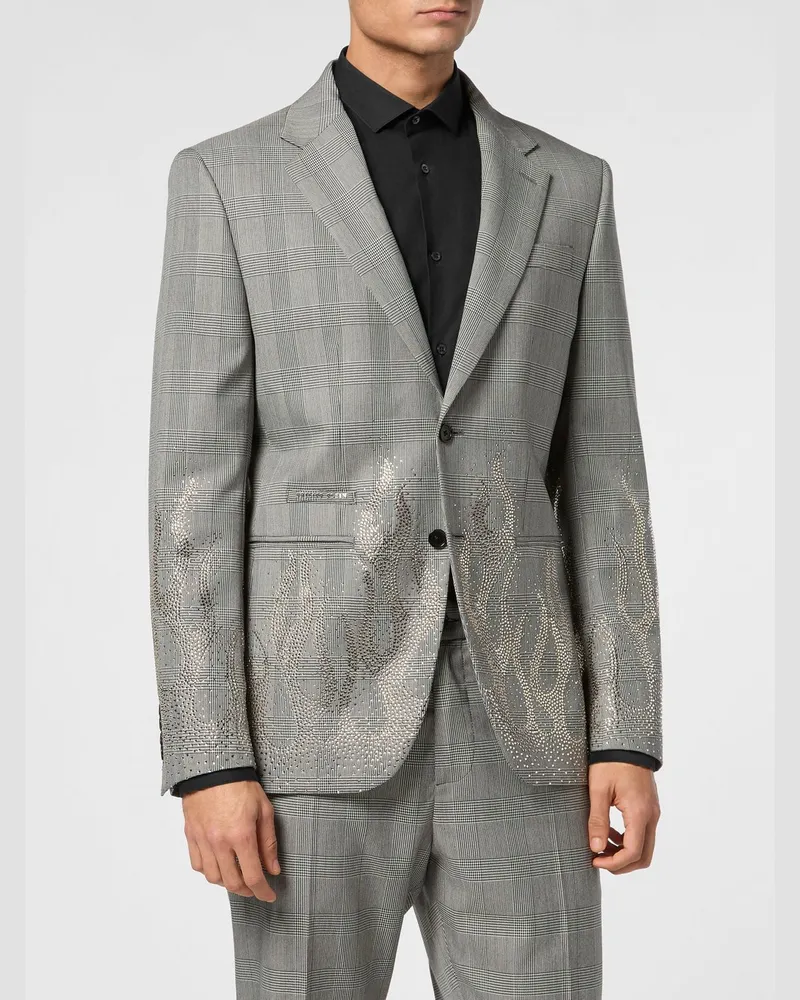 Philipp Plein Wollblazer mit Prince-of-Wales-Muster und applizierten Kristallen Schwarz