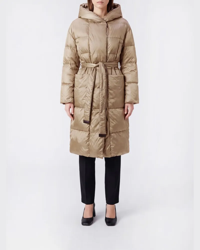 Max Mara Lange Kapuzen-Daunenjacke von mit Gürtel aus wasserabweisendem Nylon Braun