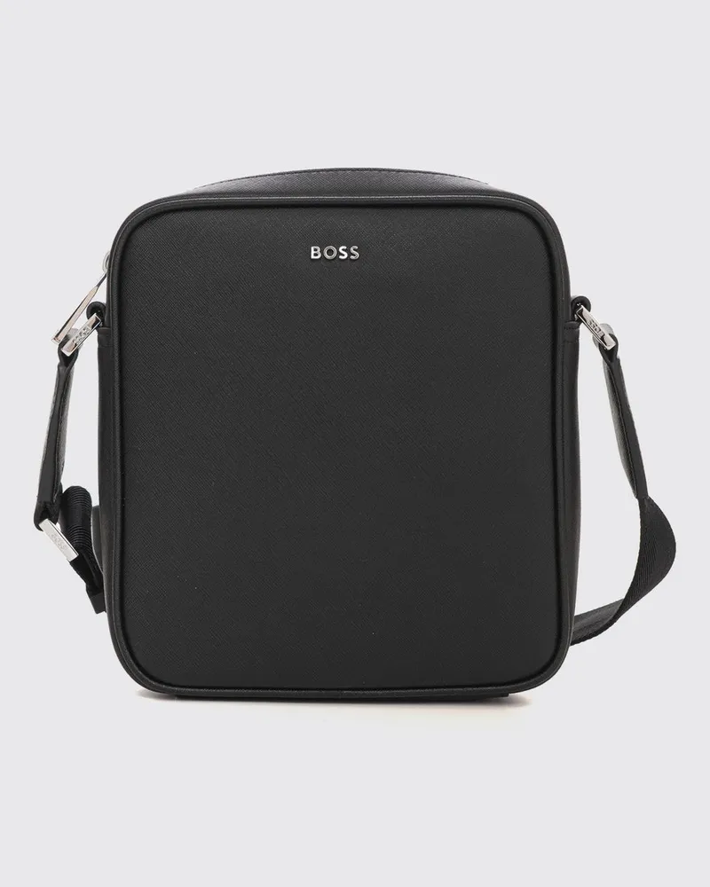 HUGO BOSS Umhängetasche aus Saffiano-Kunstleder mit metallenem Schriftzug-Logo Schwarz