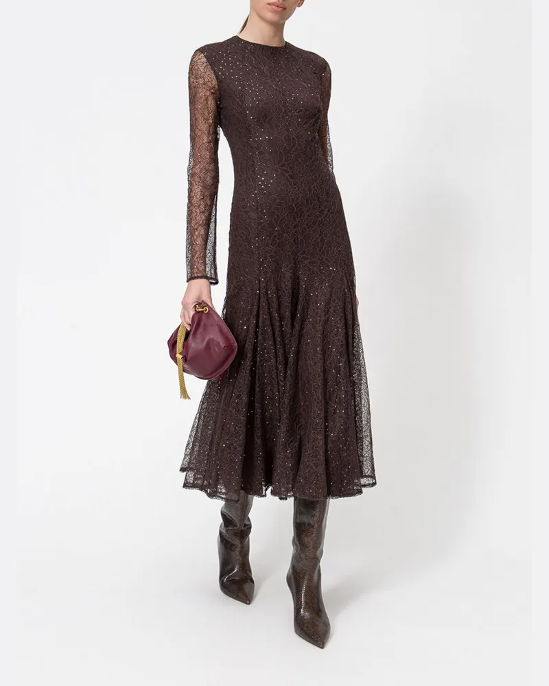 Twin-Set Paillettenbesticktes Spitzen-Midikleid für festliche Anlässe Braun