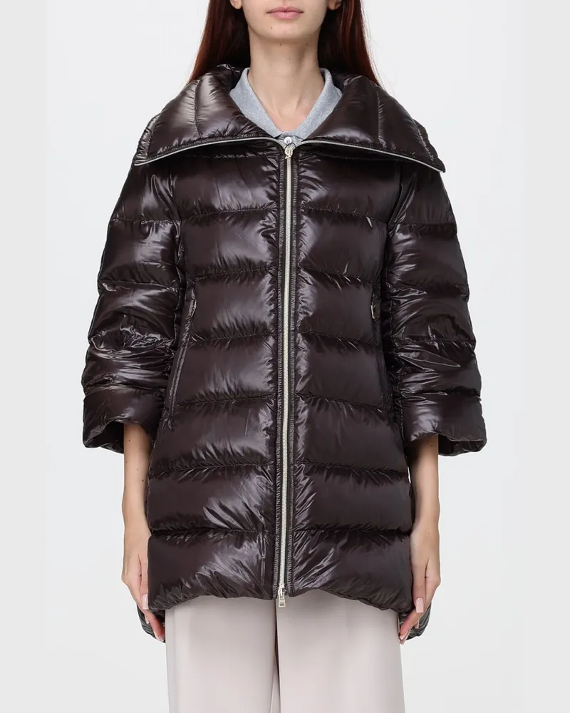 Herno Langer Daunenmantel aus gestepptem Nylon mit Trichterkragen und Reißverschluss Braun