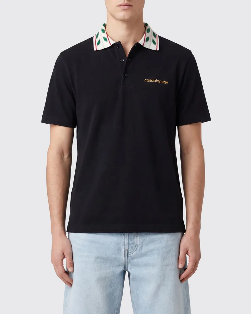 Casablanca Paris Baumwoll-Polohemd mit gestreiftem Kragen und Logo-Stickerei Navy