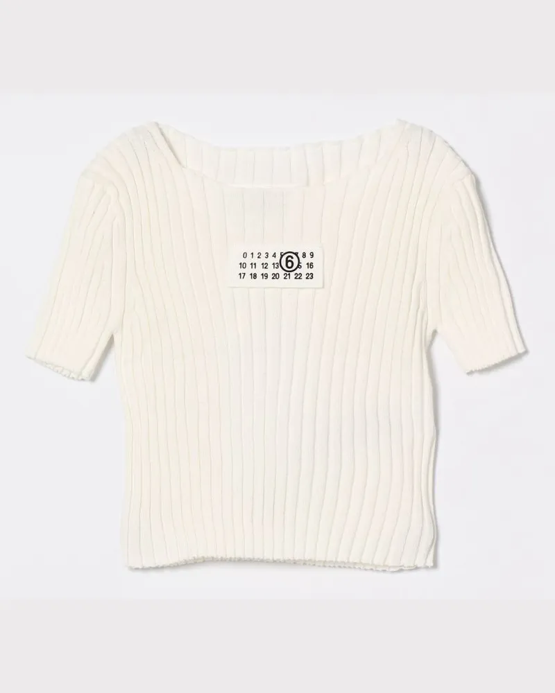 Maison Margiela Geripptes Baumwollstrickoberteil mit Logo Weiß