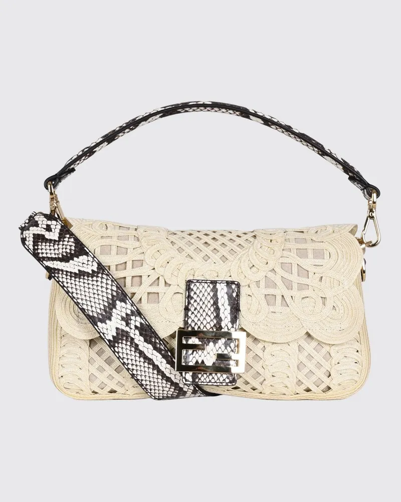 Fendi Baguette Tasche aus Bast mit Python-Muster und FF-Monogramm Beige