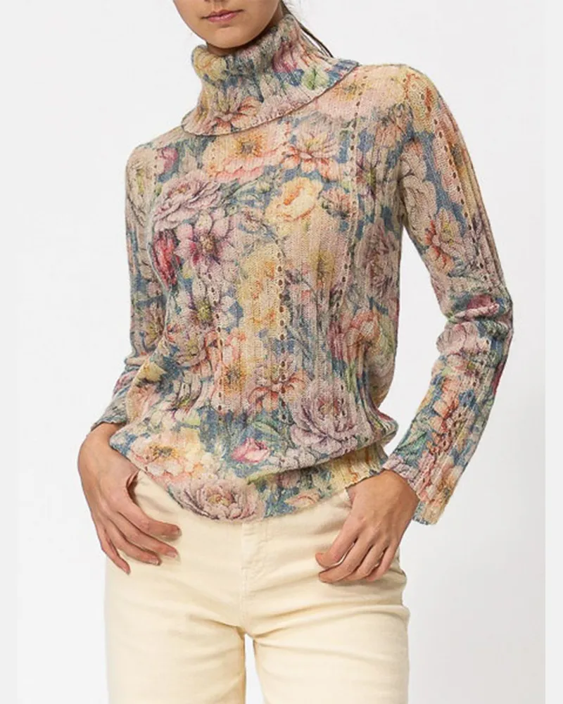 Twin-Set Rollkragenpullover aus Wollmischung mit Blumenmuster und langen Ärmeln Blau