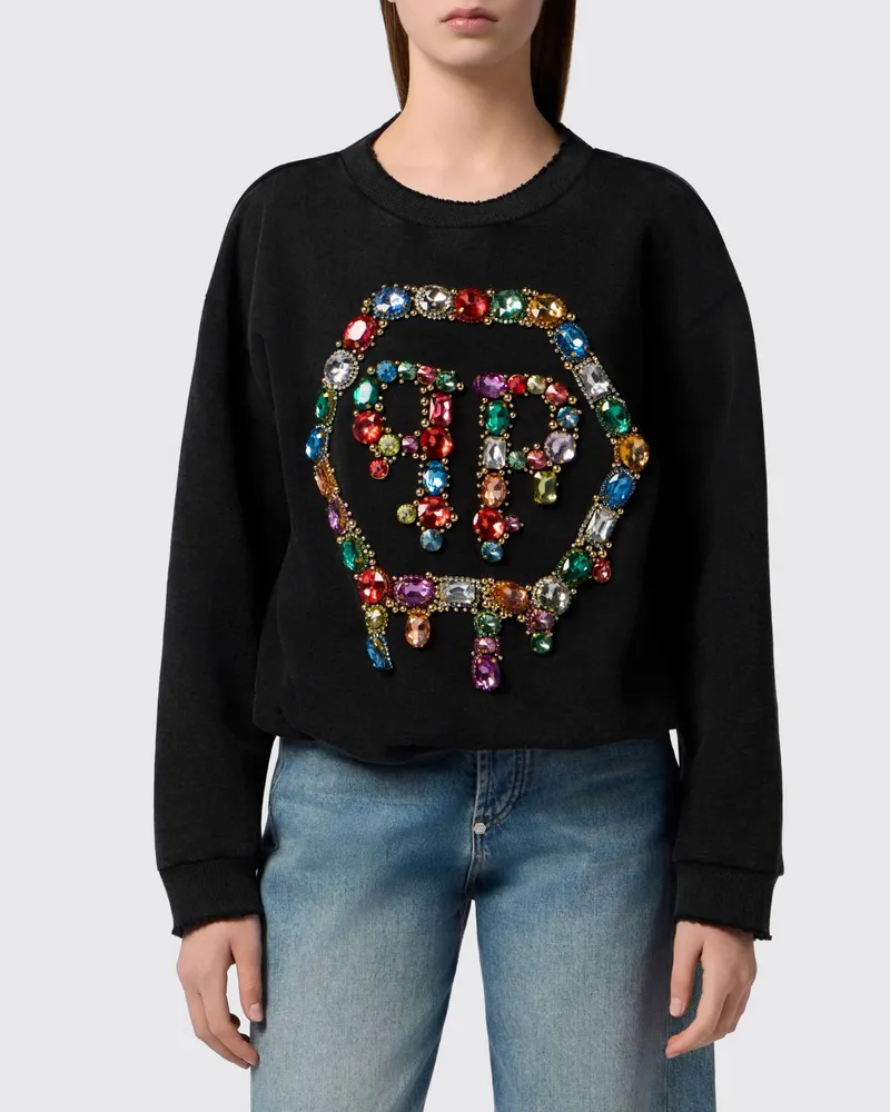 Philipp Plein Monogramm-Sweatshirt aus Baumwolle von mit Hexagon-Logo und Rückenausschnitt Schwarz