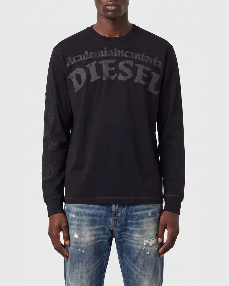 Diesel Langärmeliges Baumwoll-T-Shirt mit Graffiti-Logo-Print Schwarz
