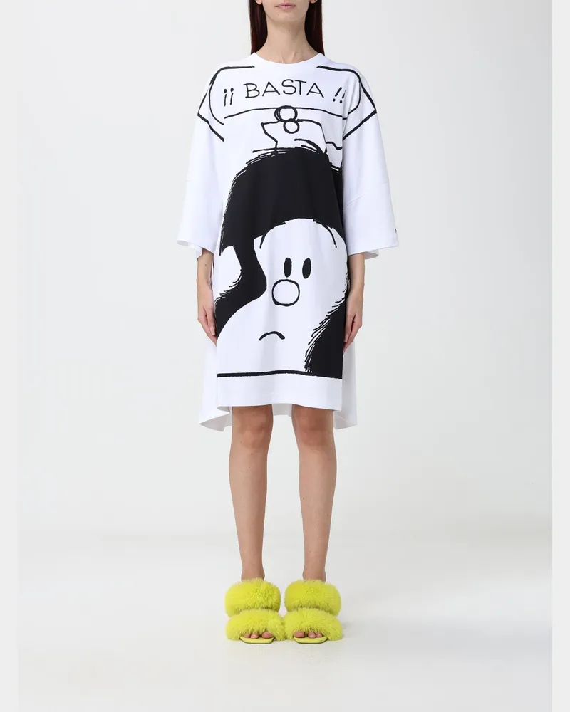 Moschino Mini-T-Shirt-Kleid aus Baumwolle mit Slogan-Print und Kontrastlogo Weiß