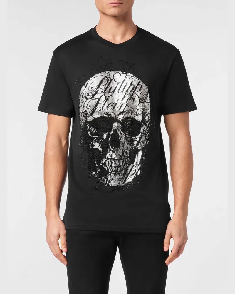 Philipp Plein Skull Baumwoll-T-Shirt mit Strasslogo Schwarz