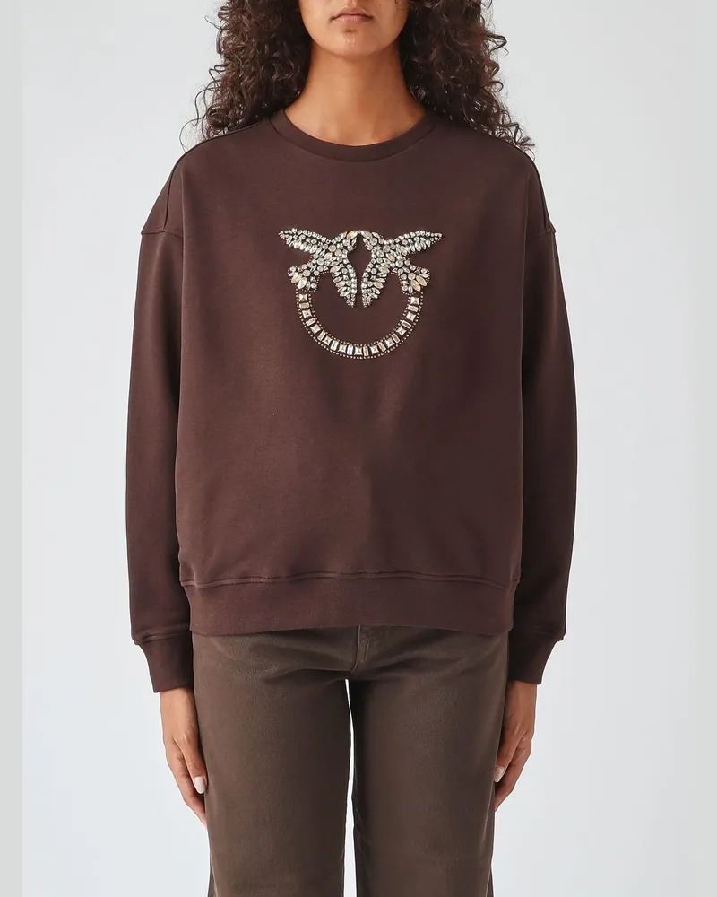 Pinko Baumwoll-Sweatshirt mit überschnittenen Schultern und Strass-Love-Birds-Logo Dark
