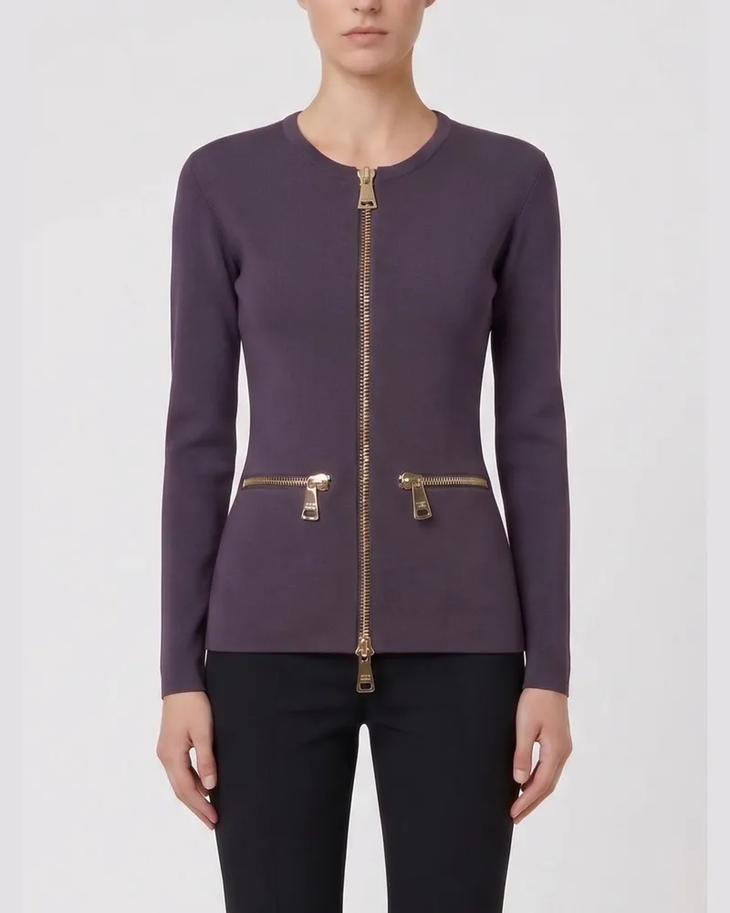 Elisabetta Franchi Slim-Fit-Strickjacke aus Stretch-Viskose mit Metallreißverschluss Braun