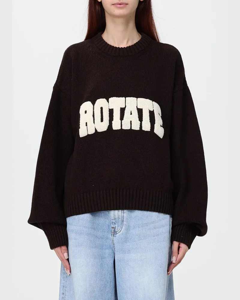 ROTATE Birger Christensen Relaxed-Fit Wollpullover mit Rundhalsausschnitt und kontrastierendem Jacquard-Logo Braun