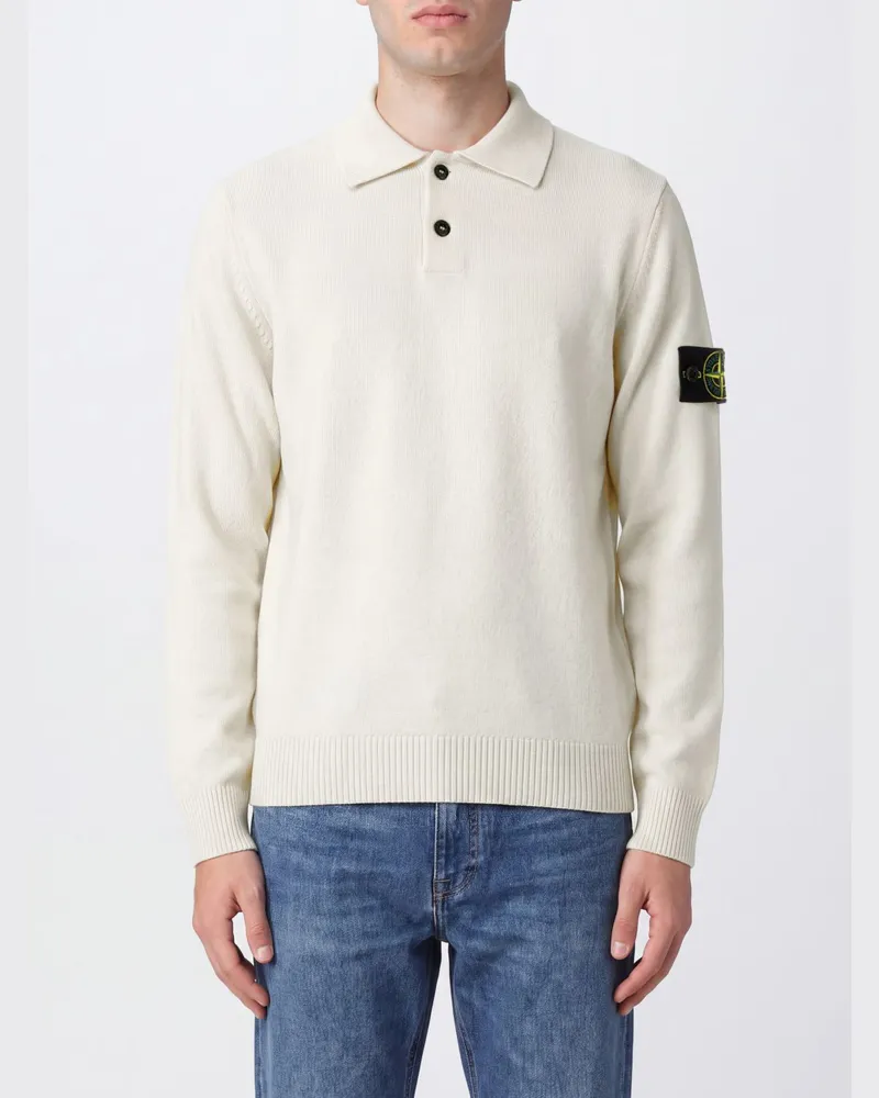 Stone Island Langärmeliges Poloshirt aus reinem Schurwollstrick mit Compass-Logo Weiß