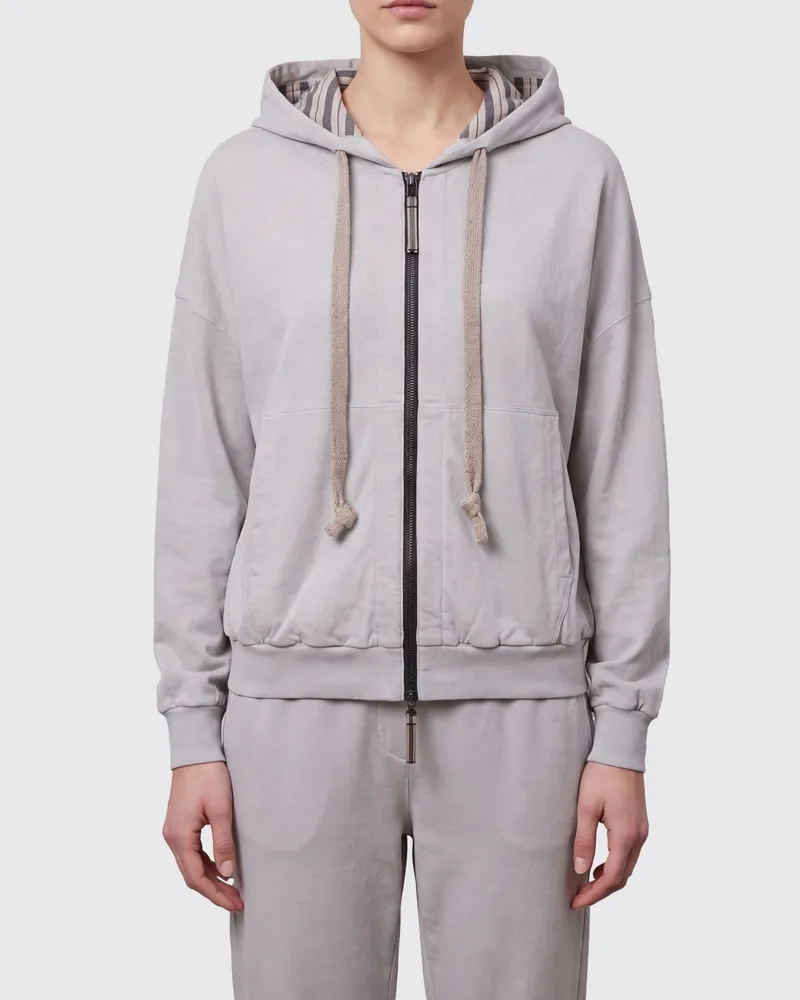 Ziggy Chen Baumwoll-Kapuzenjacke mit Reißverschluss, Kängurutasche und überschnittenen Schultern Grau