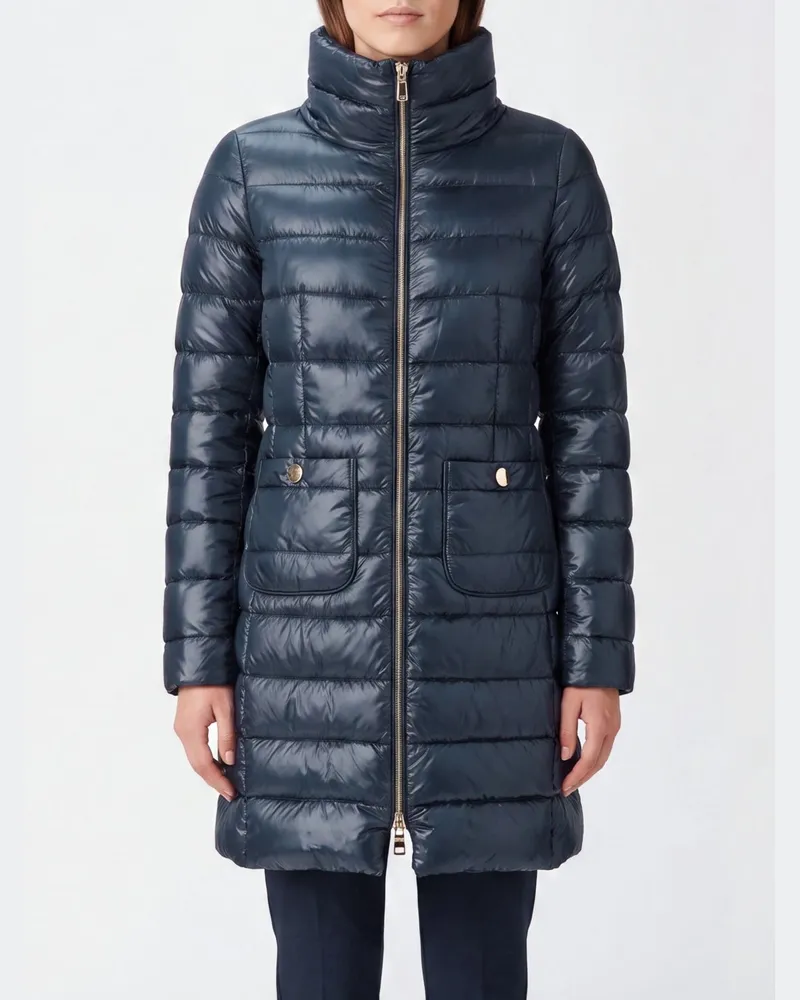 Herno Lange, wasserabweisende -Daunenjacke aus Nylon mit hohem Kragen und schmaler Passform Navy