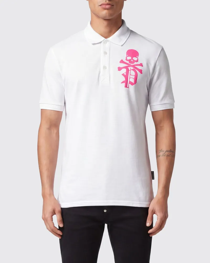 Philipp Plein Kurzärmeliges Baumwoll-Poloshirt mit Totenkopf-Print und Logo Weiß
