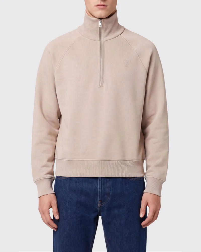 AMI Paris Sweatshirt aus reiner Baumwolle mit Stehkragen und halbem Reißverschluss Beige