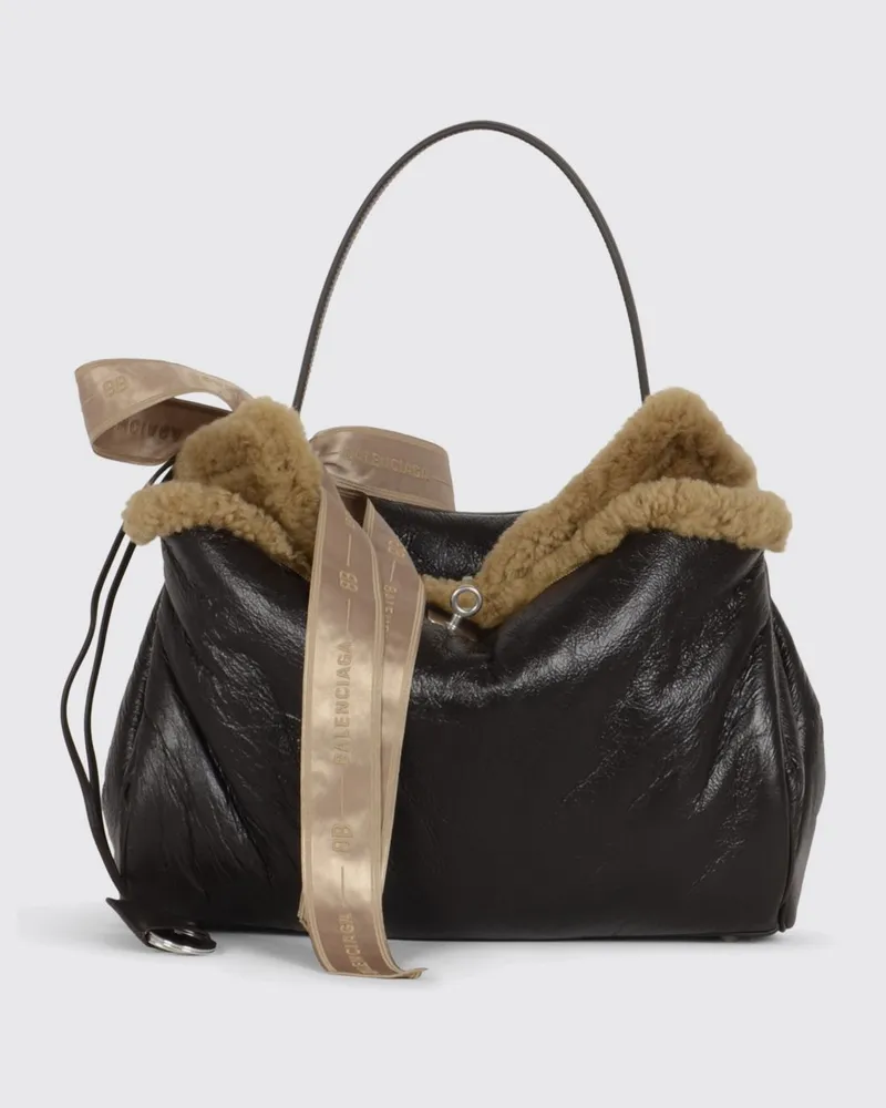 Balenciaga Rodeo Tasche aus Leder und Shearling mit Logo-Schleife Braun