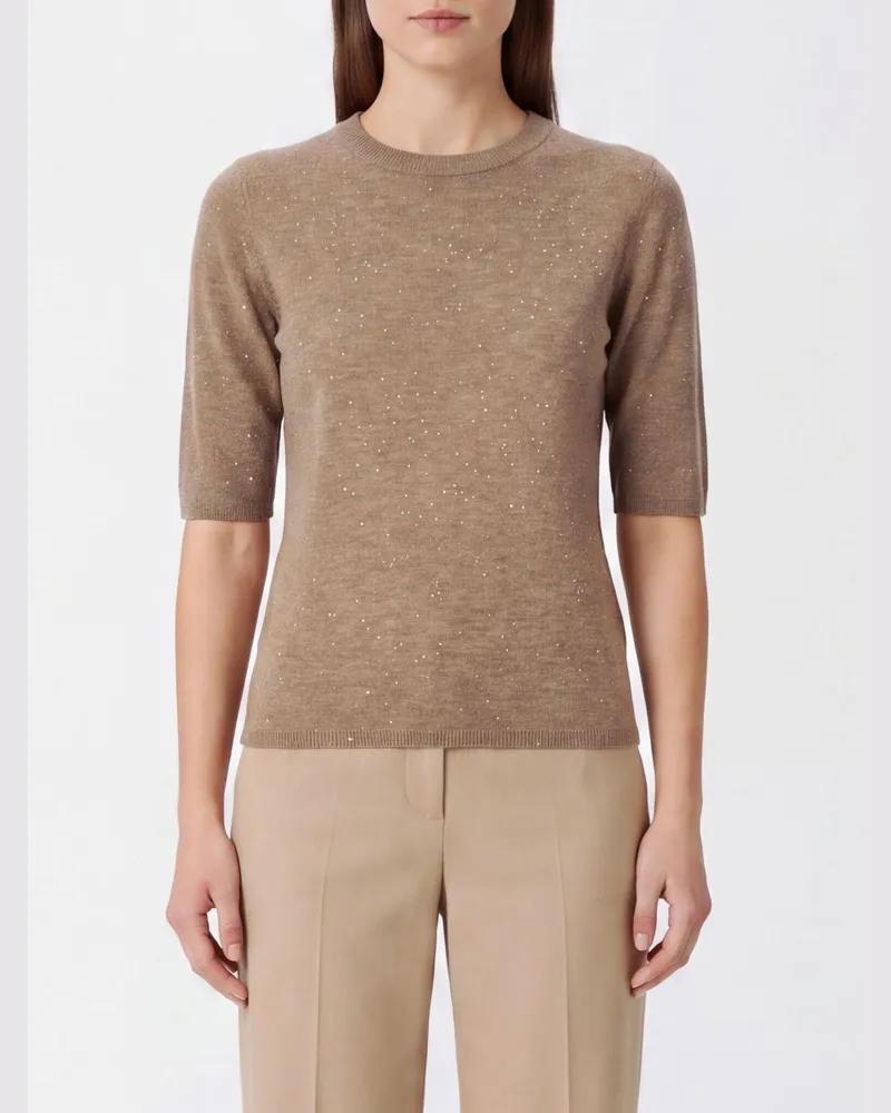 Fabiana Filippi Kurzärmeliger Slim Fit Wollmischpullover mit Rundhalsausschnitt Kaffee